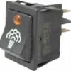The Rancilio 34030038 Steam Switch for Silvia features a black rocker design, orange indicator light, and white steam icon. It’s used to control steam functions on appliances like the Rancilio Silvia and has three visible metal prongs on the side. © 2025 1st-line.com