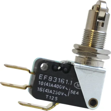 Close-up of the La Nuova Era NE443 Grouphead Lever Microswitch featuring three gold terminals, a black plastic EF83161.1 housing, and a metal plunger actuator with roller&mdash;compatible with La Nuova Era espresso machines. &copy; 2025 1st-line.com