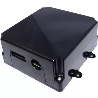 A black rectangular plastic Elektra 03219034 Control Box Assembly - 230V with flanged mounting tabs, a side slot, and a circular hole, shown on a white background. © 2025 1st-line.com