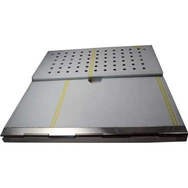 The ECM P3011.4 Top Heater Panel is a metallic, rectangular unit with a hinged lid, circular holes on the top section, yellow surface stripes, and a solid reflective lower part resembling an ECM heater panel. © 2025 1st-line.com
