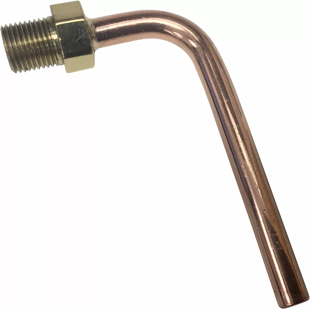The Elektra 00617019 Copper Pipe features a 90-degree bend and a brass threaded fitting on one end. © 2025 1st-line.com