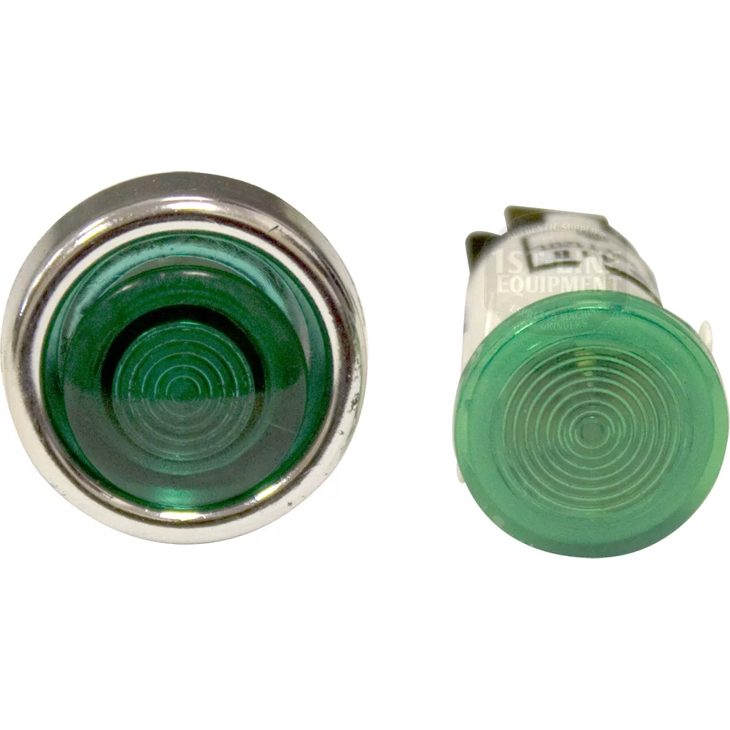Two Grimac Green Lamp indicator lights with metallic rims, displayed front and back on a white background. Each lamp has a green lens with concentric circle patterns. © 2025 1st-line.com