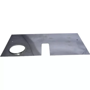 A slightly reflective, rectangular stainless steel front panel with a large circular cutout on the left and a central rectangular notch; Elektra 02634014 for Sixties Series 1 group A3, T1. © 2025 1st-line.com