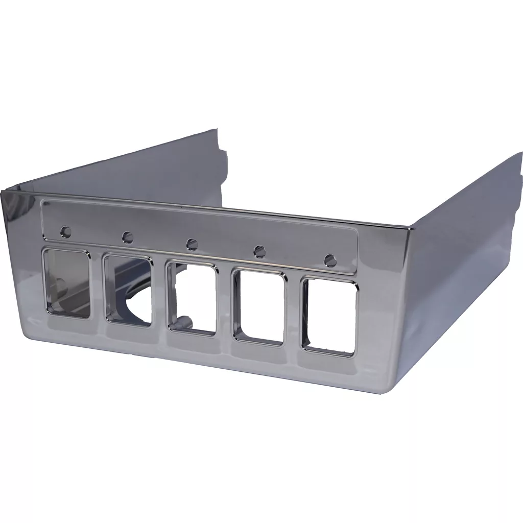 The Elektra 03223021 Push Button Box-Chrome is a metal bracket with five rectangular cutouts, perfect for mounting switches or electronic components. © 2025 1st-line.com