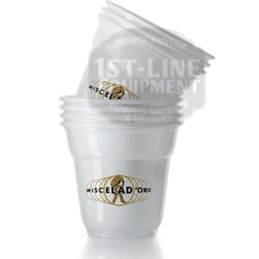 A sleeve of 50 Miscela D&rsquo;Oro 2.5oz Plastic Espresso Cups, each bearing the gold coffee bean logo and bold black text, is displayed on a plain white background. &copy; 2025 1st-line.com