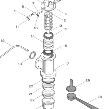 Exploded diagram of the Elektra Microcasa Leva Grouphead Maintenance Kit, displaying individual parts like springs, pistons, seals, oil, and connectors&mdash;numbered and ordered for easy assembly reference during grouphead maintenance. &copy; 2025 1st-line.com