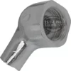 Close-up of the V..418 3/8" Checking Fitting, a shiny silver espresso adapter with hexagonal base and angled spout—ideal for connecting a portafilter to an optional brew pressure gauge. Some internal mesh is visible in the opening. © 2025 1st-line.com