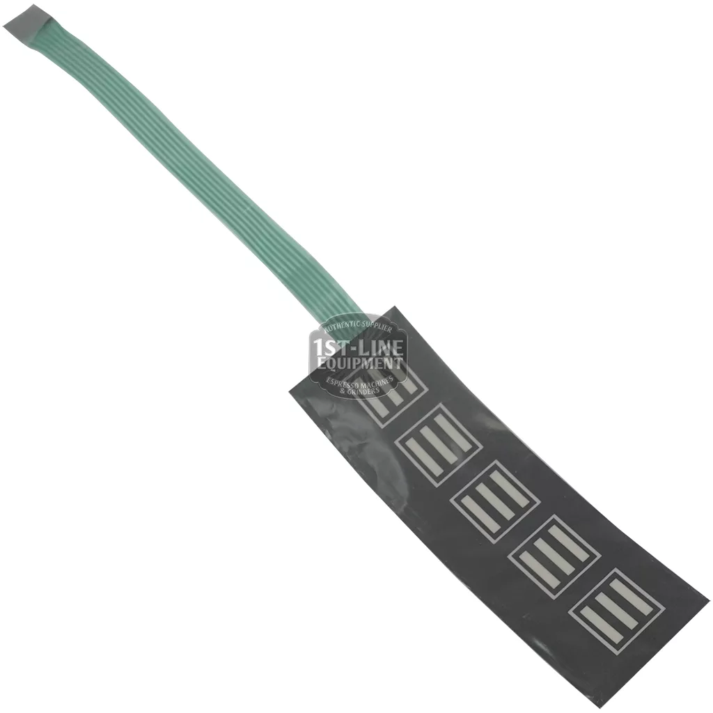 The C..265 M-30 PUSH BUTTON PANEL is a flexible membrane switch with a green ribbon cable, black rectangular panel, and silver conductive traces with contact pads. © 2025 1st-line.com