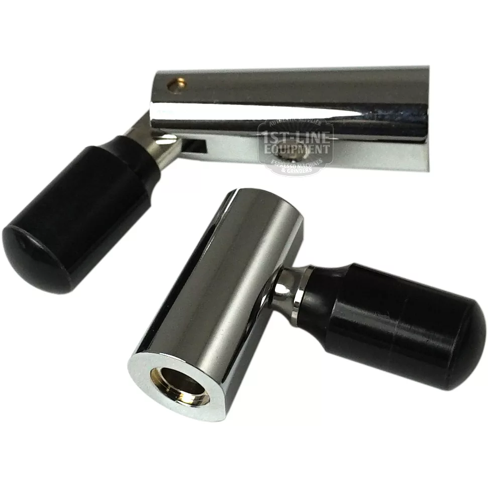 Two chrome-plated brass plumb bob holders with black plastic handles, shown at different angles on a white background—ideal for use with the E61 Grouphead Flow Control Kit. © 2025 1st-line.com