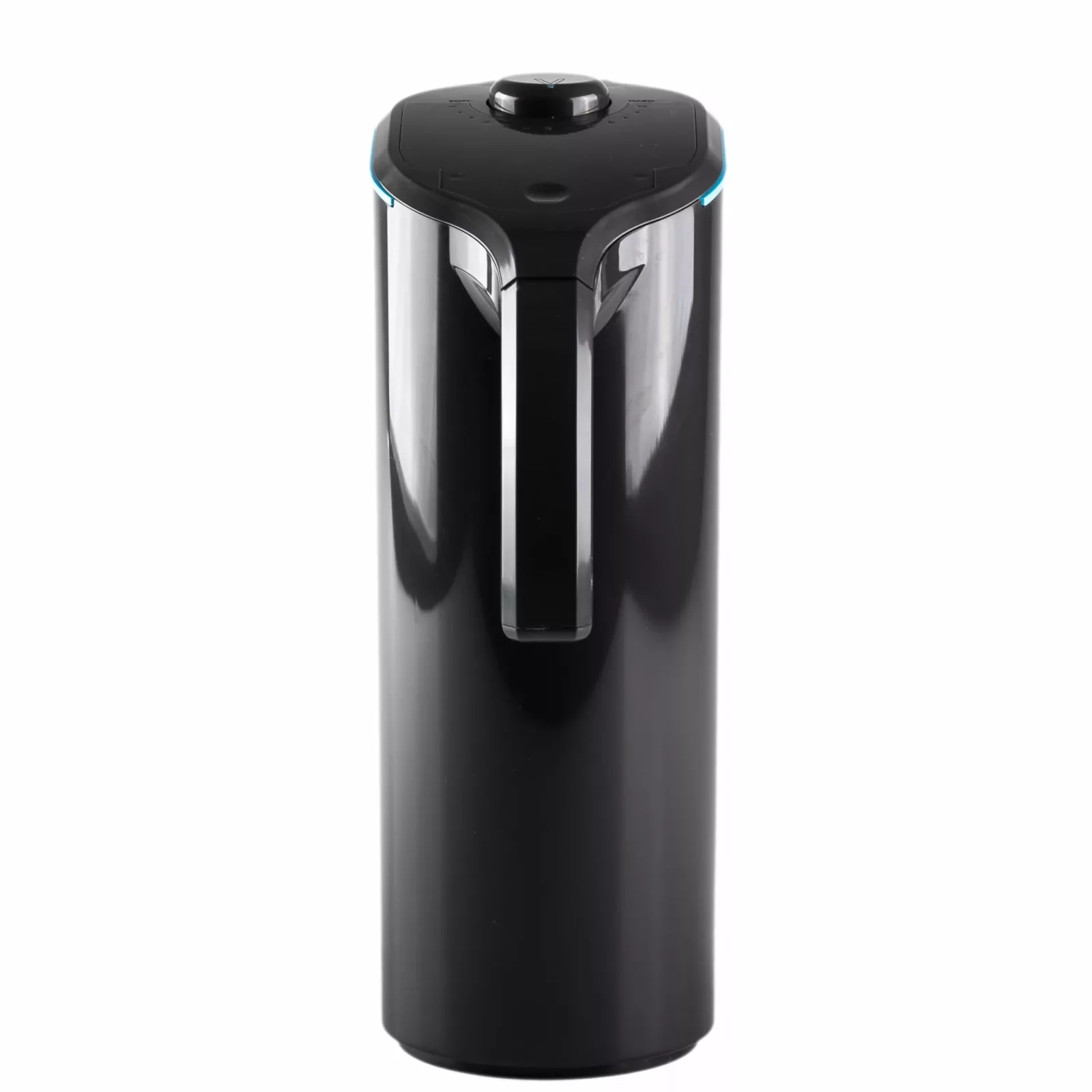 A sleek, black automatic soap dispenser with a glossy finish and rounded edges—ideal for kitchens using the Peak Water Softener Pitcher Starter Pack. © 2025 1st-line.com
