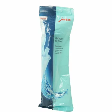 The Jura 70447 CLEARYL Pro Blue Water Care Cartridge filters up to 120 liters, ensuring fresh, pure coffee. The sealed package features blue and teal colors with water splash graphics and product branding. © 2025 1st-line.com