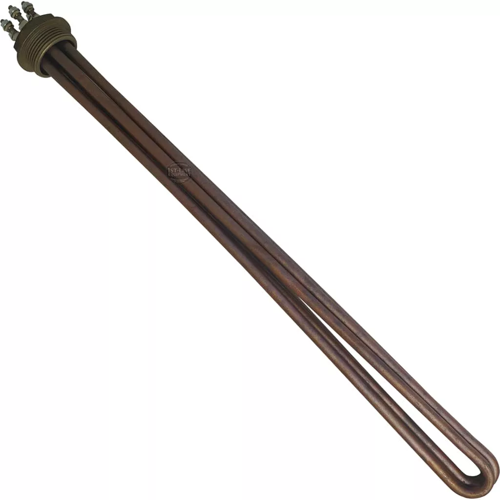 Pavoni HEATING ELEMENT 3GR 6000W 110V features a copper immersion rod, threaded brass flange, and three top connection terminals, with a long U-shaped heating element. © 2025 1st-line.com