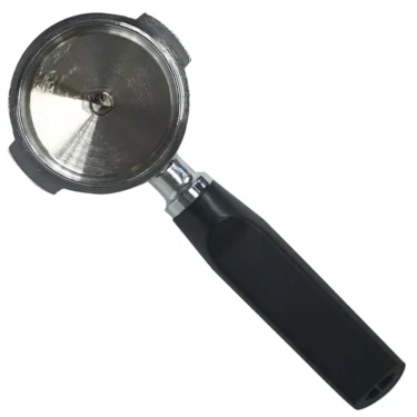 A Futurmat 2 CUP NEW ARIETE / RIMINI FILTERHOLDER portafilter with a black handle, seen from above and isolated on a white background. &copy; 2025 1st-line.com