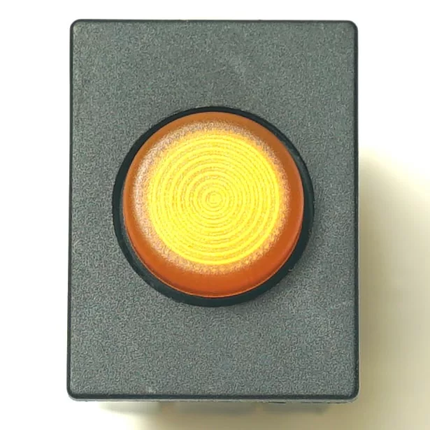 A close-up of the V.4279 YELLOW LIGHT PUSH-BUTTON shows a rectangular black box with a large, circular yellow button featuring concentric rings, centered and slightly raised on its top surface. © 2025 1st-line.com
