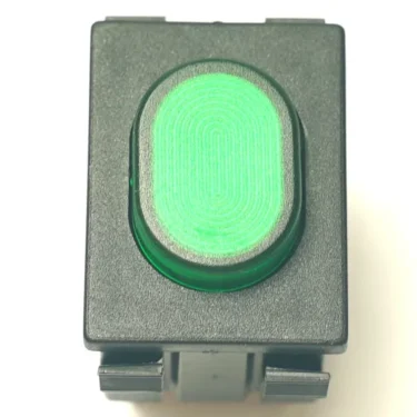 A rectangular black electronic switch with a large green, oval fingerprint button sits beside the V.4293 YELLOW PUSH SWITCH. © 2025 1st-line.com