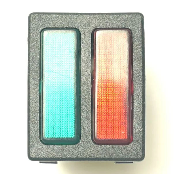 A rectangular switch in a black plastic frame features the V.2391 GREEN ROUND PUSH-BUTTON on the left, illuminated green, and a red-illuminated round button on the right; both have vertical alignment. © 2025 1st-line.com