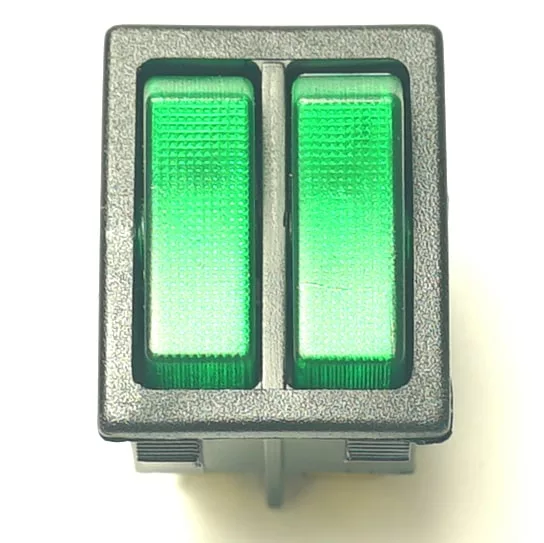 Close-up of a V.2391 GREEN ROUND PUSH-BUTTON, featuring two green, textured buttons side by side on a black rectangular rocker switch—commonly used for electronic device control. © 2025 1st-line.com
