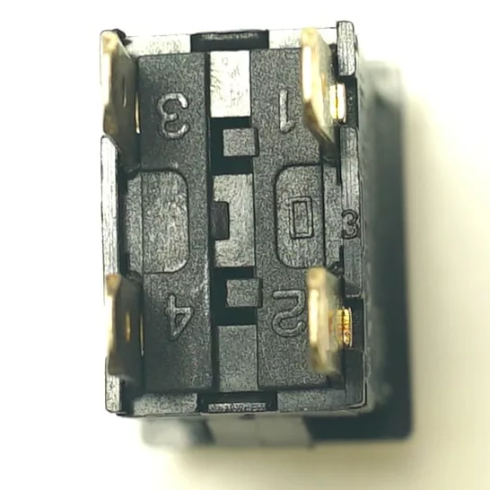 Close-up of the V.4263 19x13mm MOMENTARY PUSH-BUTTON, a black rectangular component with four terminals labeled 1–4 and a central momentary push-button visible from above. © 2025 1st-line.com
