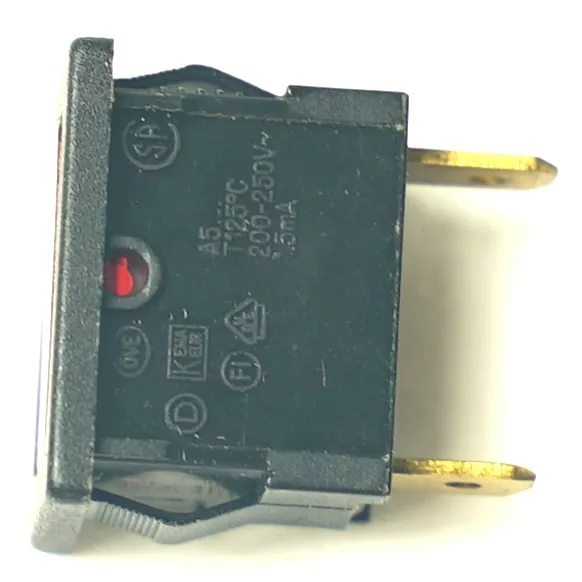 Side view of a black rectangular electrical rocker switch with two brass prongs, red indicator, and technical specs on the casing. Also available as V.4343 WHITE ROCKER SWITCH. © 2025 1st-line.com