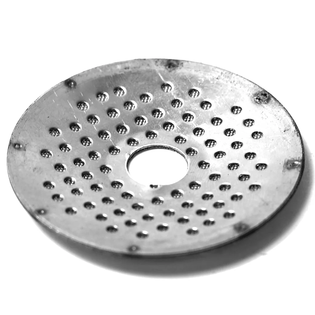 The P..181 SHOWER WITH THREAD is a round metal disc featuring a central hole and multiple small perforations in concentric circles, designed as a threaded shower component, displayed on a white background. © 2025 1st-line.com