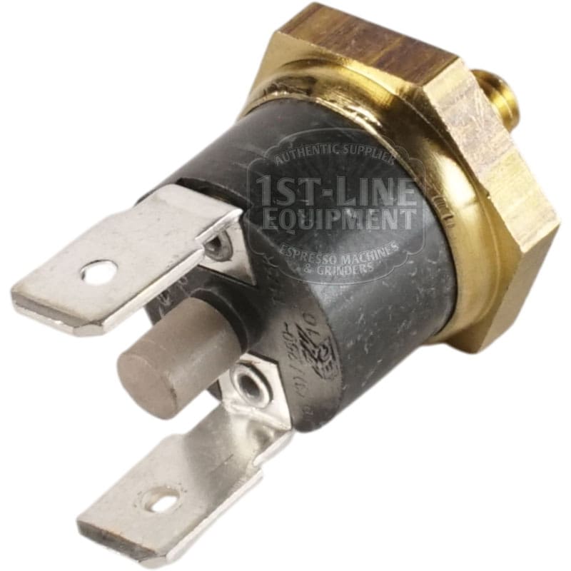 Close-up of ECM C199901550.1 Safety Thermostat 145°C, featuring two metal terminals, a cylindrical body, and a hexagonal brass mounting nut; 1ST-LINE EQUIPMENT watermark visible on the component.