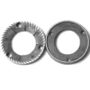 Two MF.506 FLAT GRINDING BURRS 54x31x8 Rh are displayed side by side: the left one has sharp, angled teeth along its inner edge, while the right features a smooth inner circle with three holes. © 2025 1st-line.com