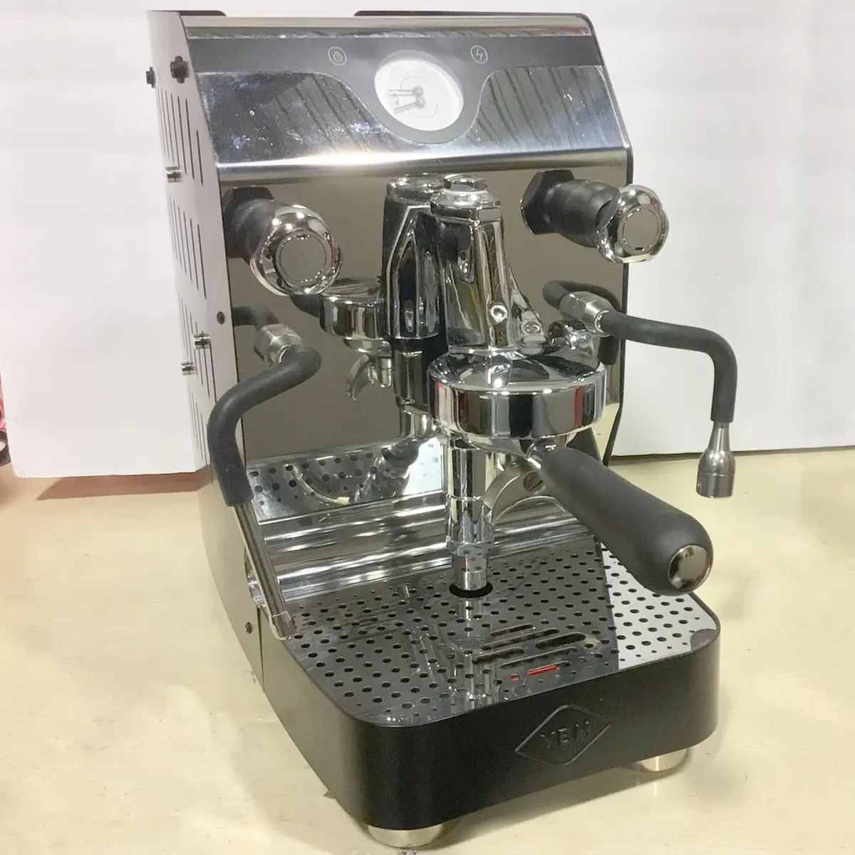 A SIDEWALK SALE - VBM Domobar Super Analogic HX Espresso Machine OPEN BOX (E013) with pressure gauge, steam wand, and portafilter is displayed on a light-colored surface against a plain white background.
