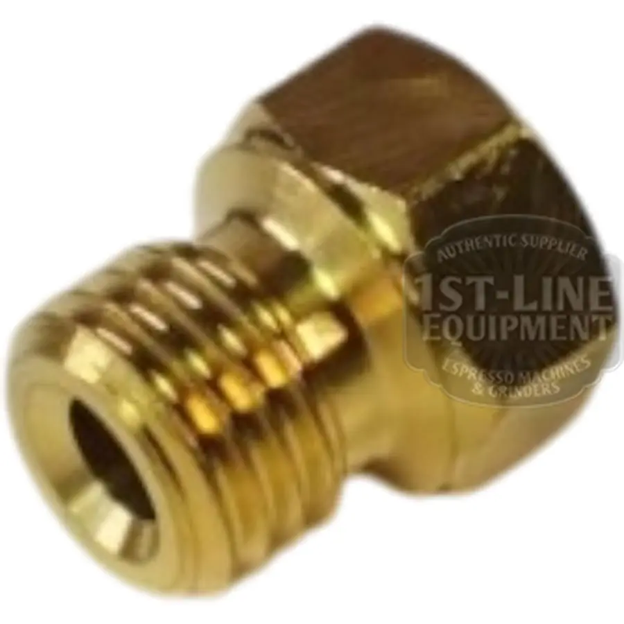 Close-up of a small, gold-colored fitting from the Bezzera 5900574 Wood Knob Flow Control Kit V1 & V2, featuring ridged threads on one end and a hexagonal head on the other, shown against a white background. © 2025 1st-line.com