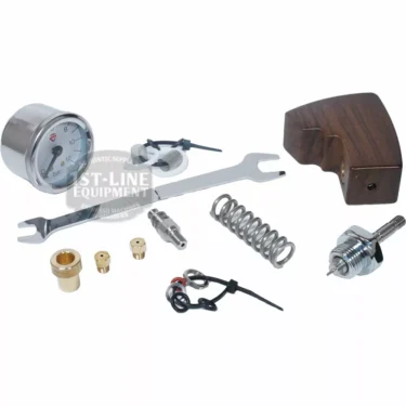 The Lelit PLA2206 Dark Walnut Flow Control Kit includes a pressure gauge, wrench, dark walnut handle, metal spring, nozzle, brass fittings, small screws, and wires&mdash;all arranged on a white background. &copy; 2025 1st-line.com