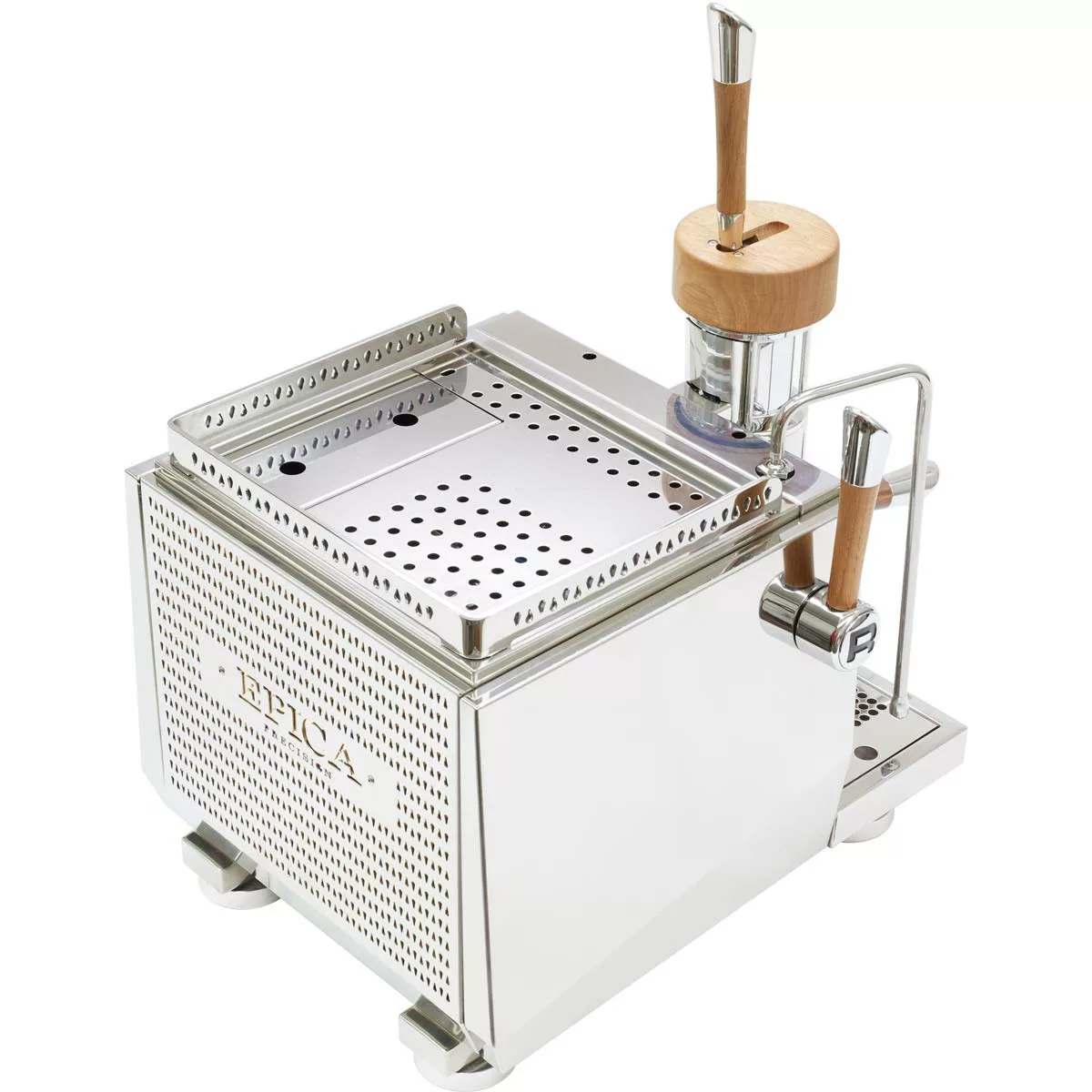 The Rocket Epica Dual Boiler Lever Espresso Machine features stainless steel construction, wooden handles and top knob, a perforated drip tray, and a modern boxy design with Epica displayed on the side. © 2025 1st-line.com