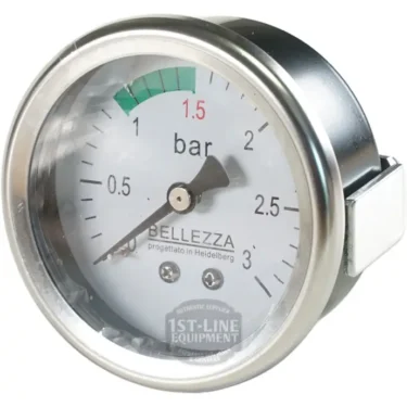 A close-up of the Bellezza IN.064.036 Inizio Steam Pressure Gauge Black shows its silver frame, green zone from 0.8 to 1.5 bar, and a needle near 1.5, as featured on the Bellezza Inizio and measuring steam pressure in bars. &copy; 2025 1st-line.com