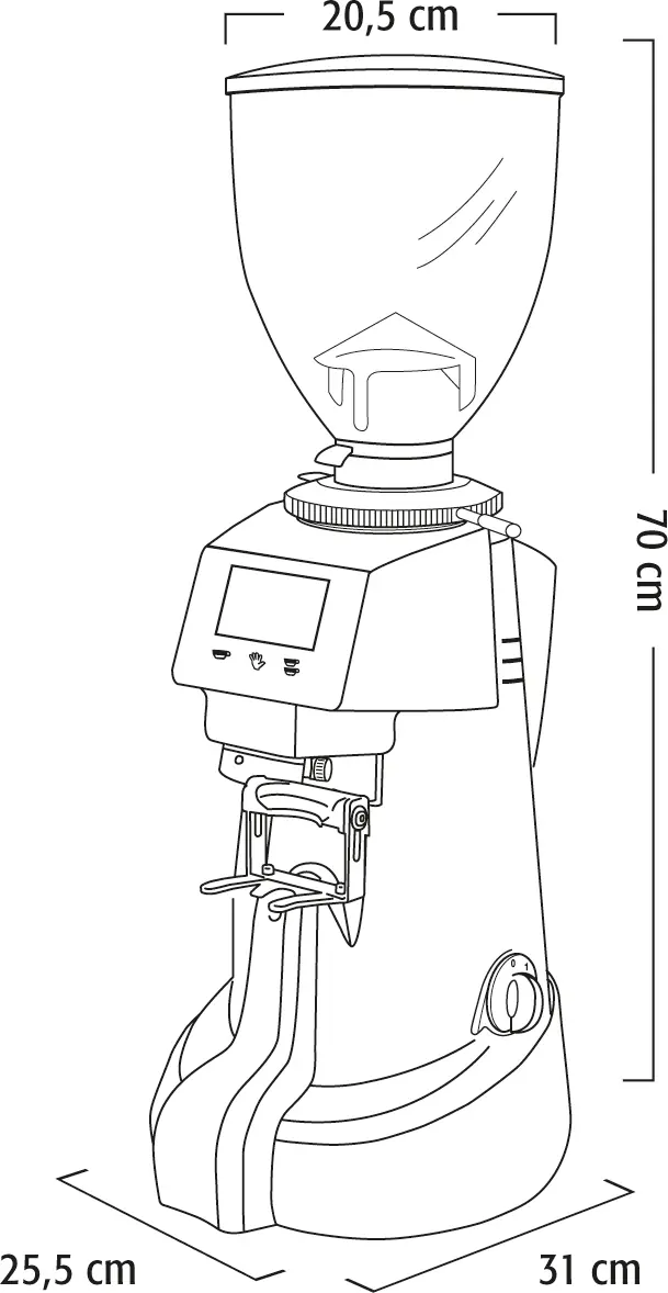 Line drawing of the Fiorenzato F83 E XGi Weight Based Espresso Coffee Grinder featuring a large hopper (Ø20.5 cm) on top, control panel and spout in front, and dimensions: 70 cm high, 25.5 cm wide, 31 cm deep.