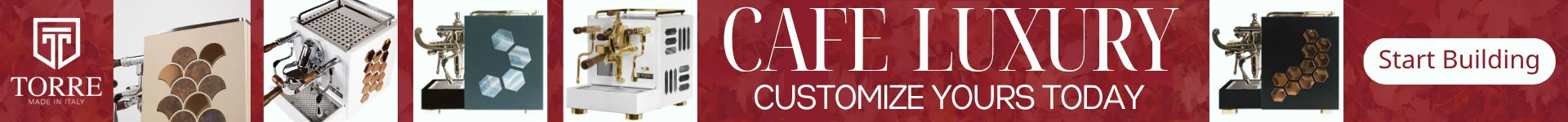 Cafe Luxury by Torre Peppina Ad. It shows the customizable side panels and different colors of the espresso machines.