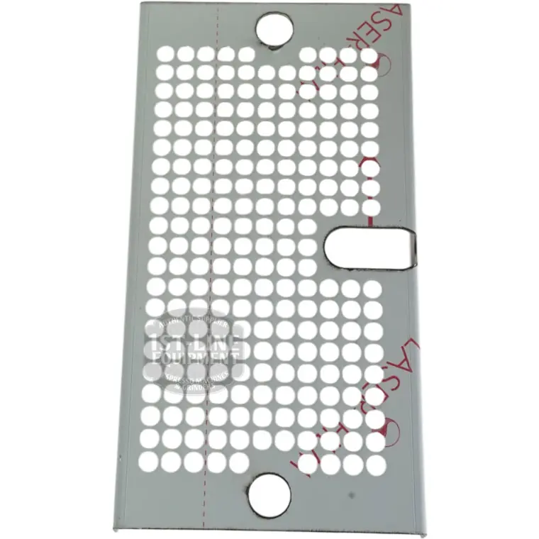 The ROCKET A019904346 Drip Tray Cover Grid is a rectangular metal plate with evenly spaced circular holes, two larger round holes at the top and bottom, and a rectangular slot on the right side, shown on a white background. © 2025 1st-line.com