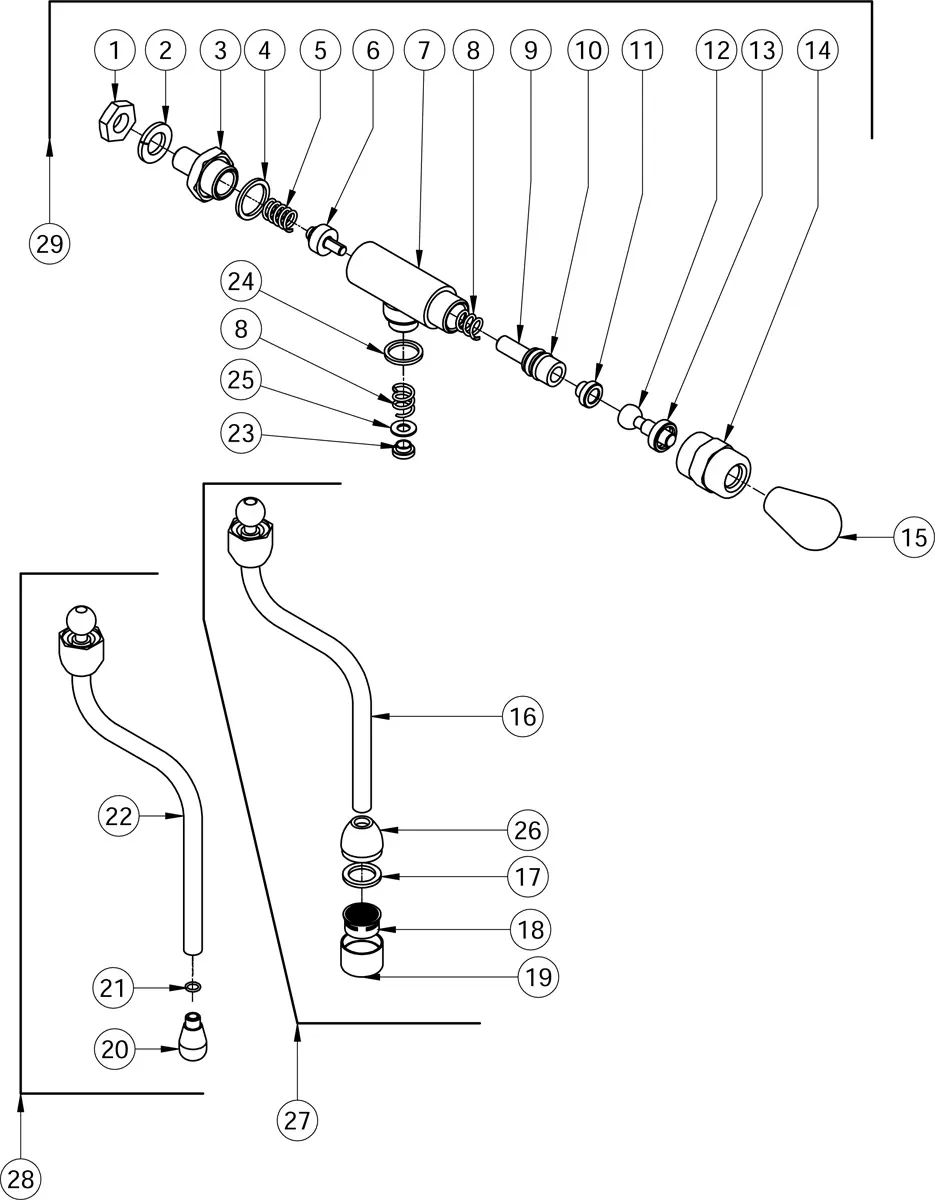 Exploded Parts Diagram of a faucet assembly with numbered components, including a handle, spout, connectors, washers, nuts, and other internal parts—all displayed separately for identification. Ideal for Torre Mariuccia fixtures. 2025 1st-line.com