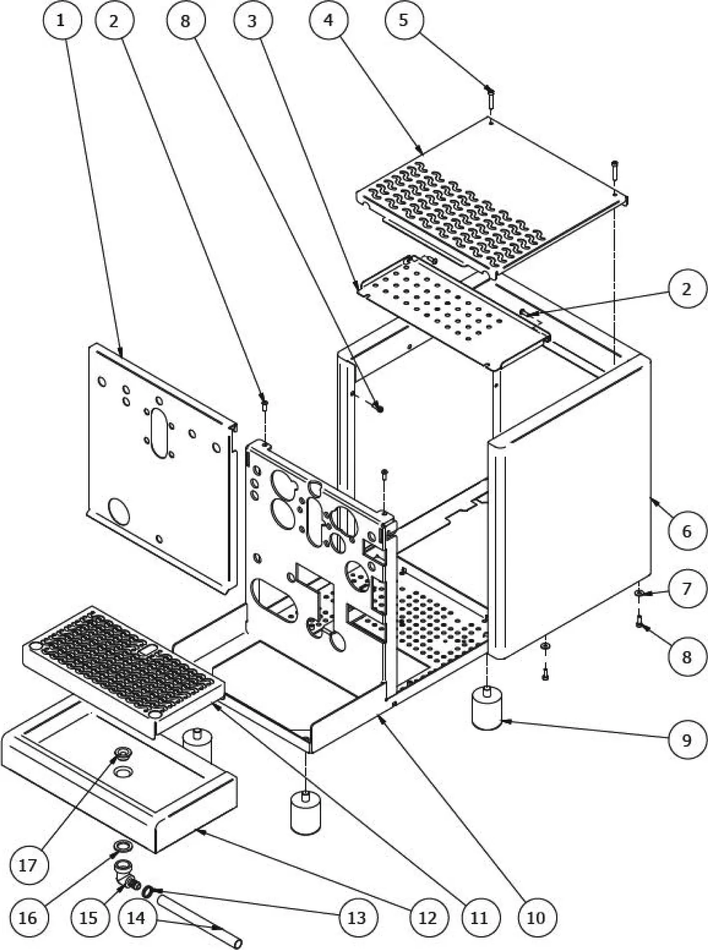 Exploded parts diagram of an electronic enclosure, similar to a Bezzera Strega, showing numbered components—panels, a perforated top, base, mounting feet, buttons, wiring, and internal hardware—with lines pointing to each part.