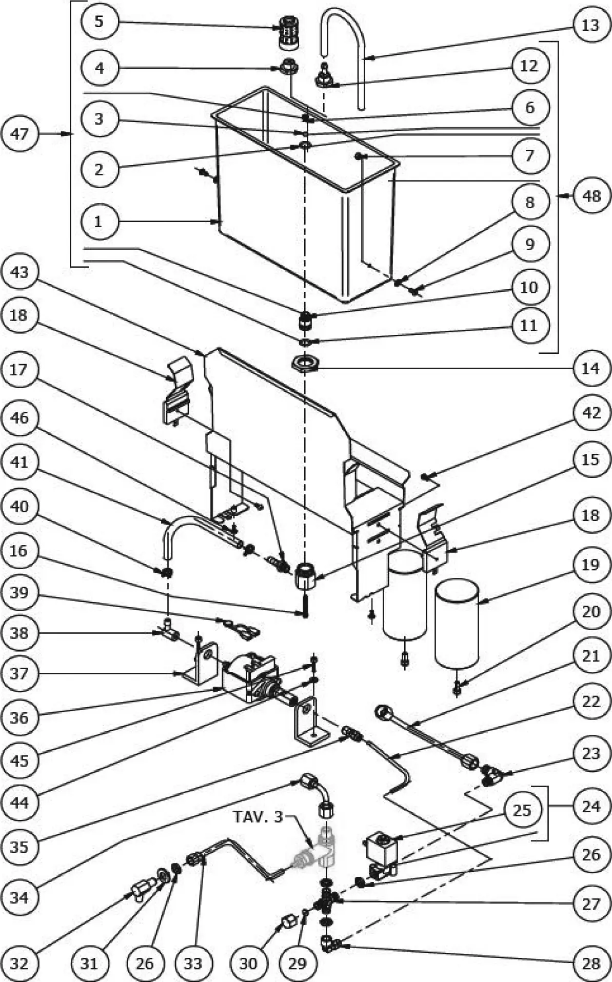 Exploded Parts Diagram showing numbered components of a sink system, including the basin, faucet, pipes, connections, valves, and other plumbing parts—similar in clarity to a Bezzera Strega schematic—with lines pointing to each part for easy identification.