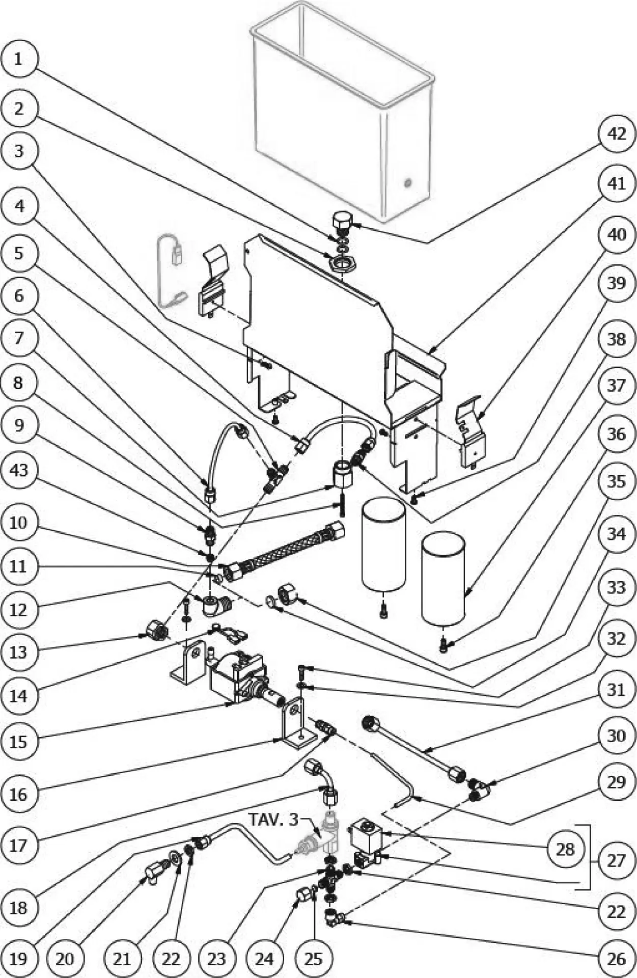 Parts Diagram: Exploded diagram of a toilet cistern assembly with numbered parts and connecting lines showing component placement, including the tank, valves, hoses, bolts, and other internal mechanisms.