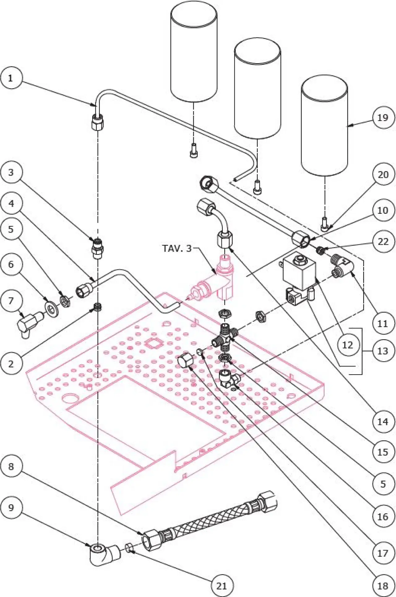 Exploded technical parts diagram showing numbered components of a Bezzera Strega mechanical or plumbing system, with pipes, tanks, fittings, and a perforated base plate, all clearly labeled with lines pointing to each part.