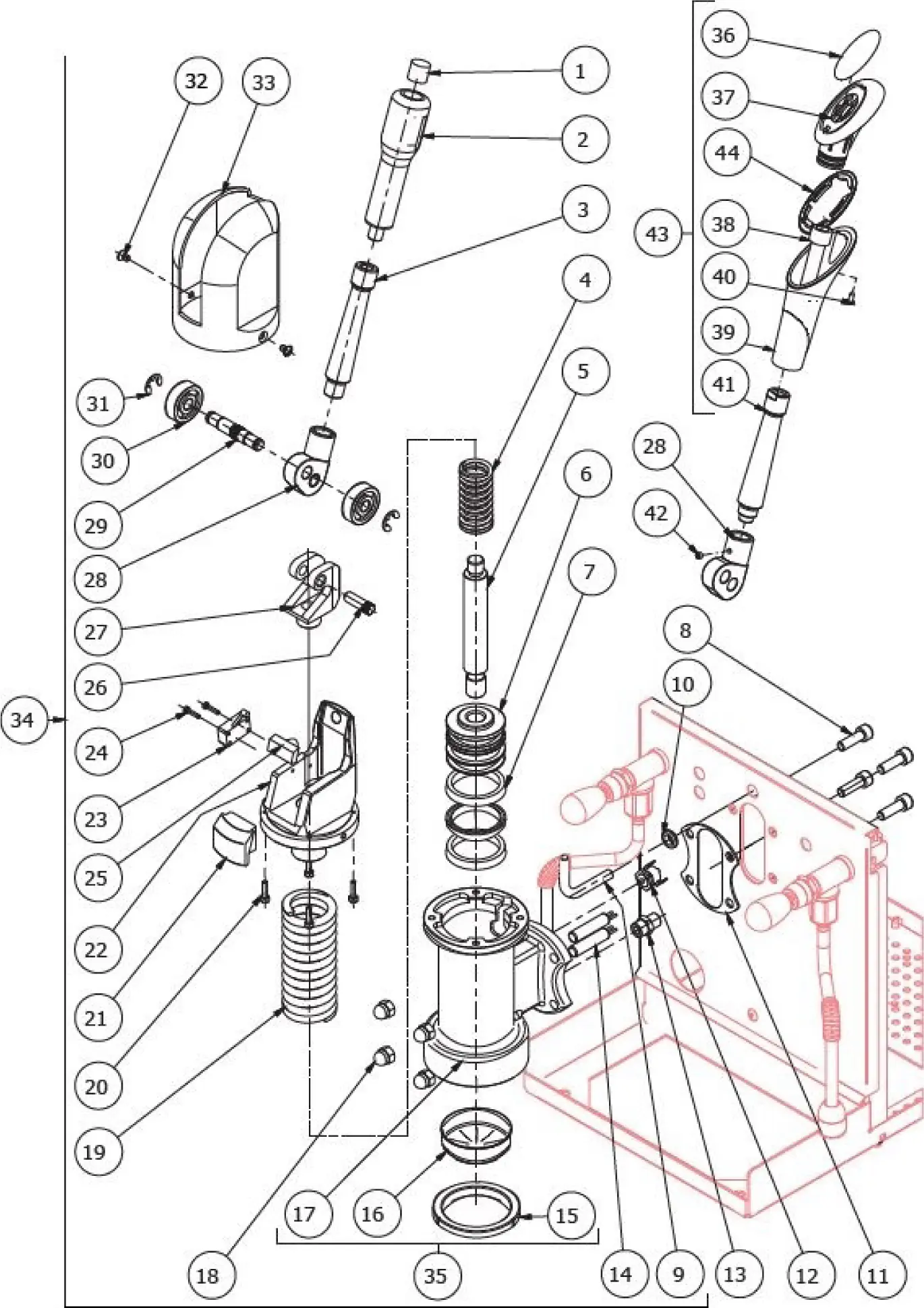 Exploded parts diagram of a Bezzera Strega espresso machine showing numbered components, including springs, levers, and cylindrical parts with detailed views of assembly. Certain components and outlines are highlighted in red.