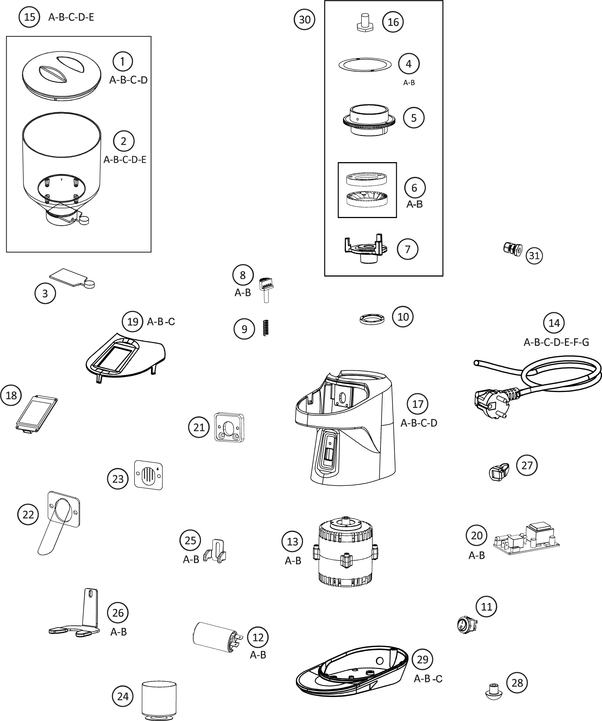 Assembly Parts Diagram showing labeled parts of the Nemo QE device, including a base unit, lid, cord, screws, switches, containers, gaskets, and various small components—all numbered and grouped for reference.