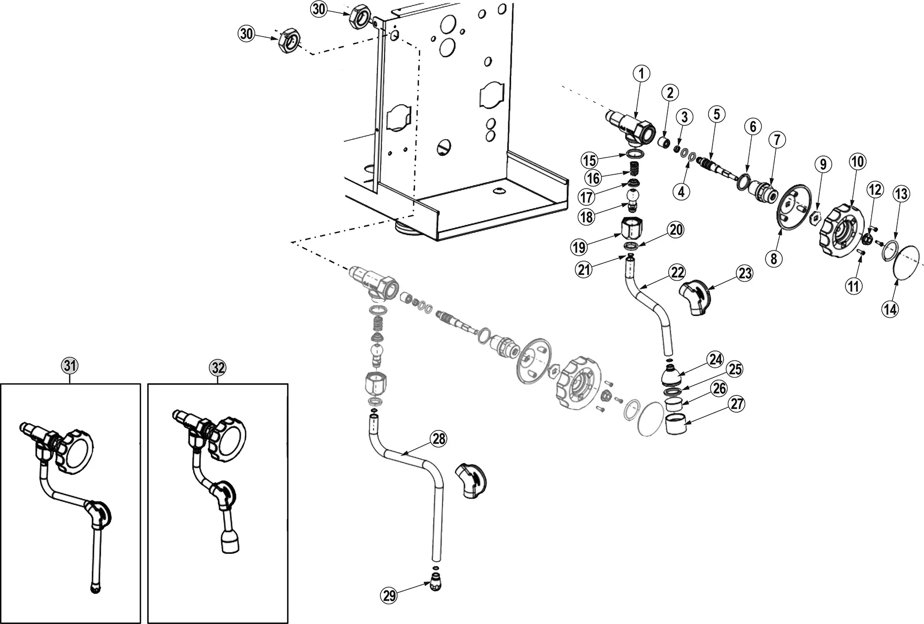 Exploded Parts Diagram of a Bellezza Inizio wall-mounted faucet assembly, showing individually numbered pipes, washers, valves, screws, and mounting bracket; inset images display two different faucet configurations.