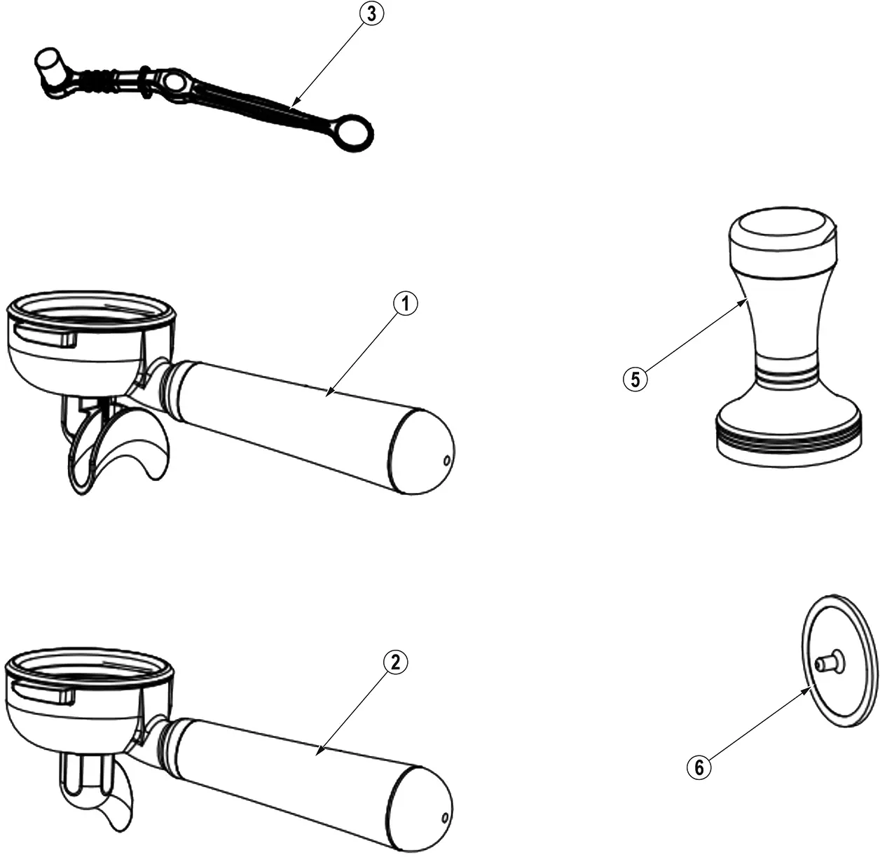 Line drawing of Bellezza Inizio espresso machine accessories: two portafilters (1, 2), a cleaning brush (3), a tamper (5), and a filter basket (6)—each part illustrated separately and numbered like in a parts diagram.