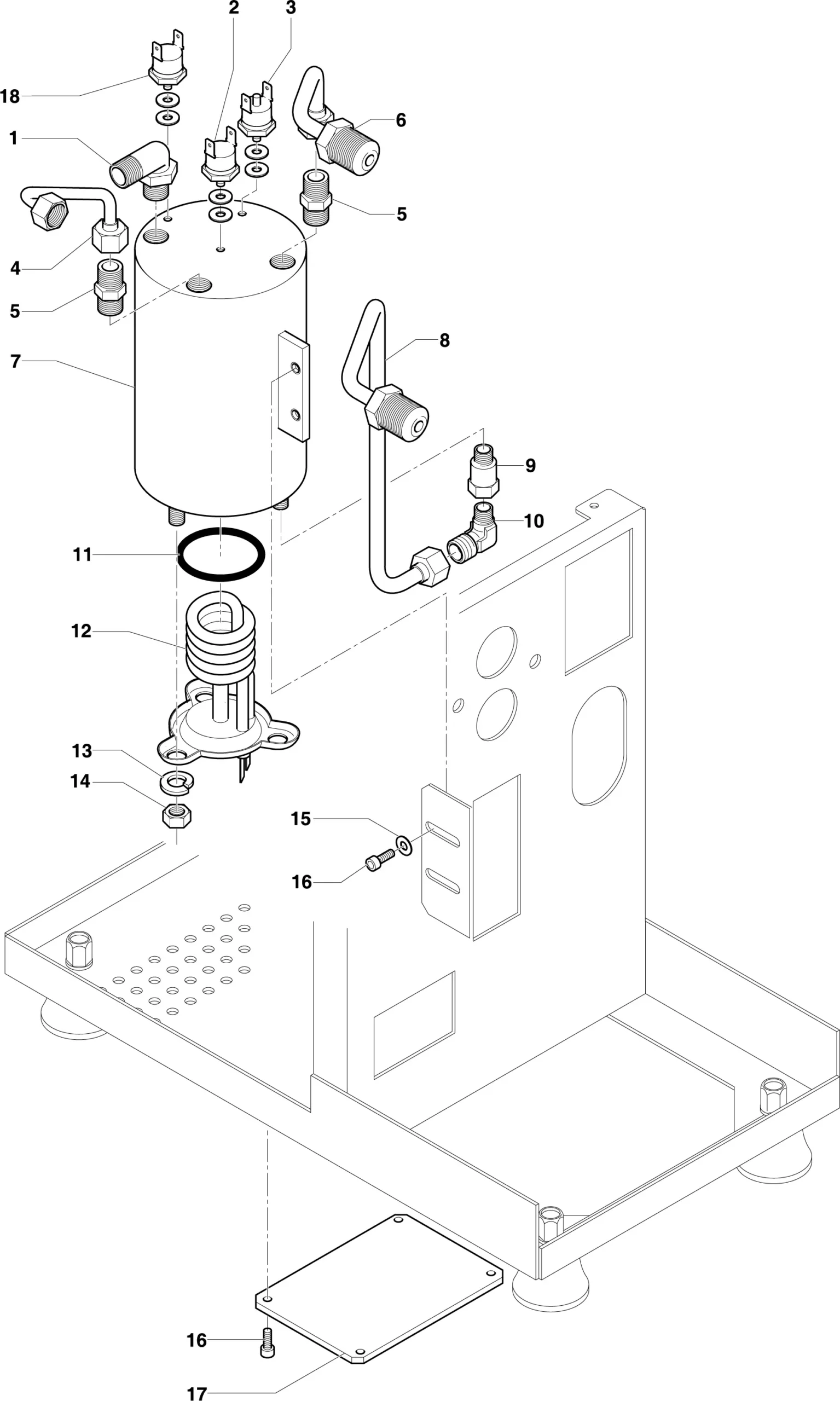 Exploded parts diagram of a machine component assembly, such as the ECM Classika II, showing numbered parts including a cylindrical tank, valves, screws, gaskets, pipes, and a rectangular base with cover plate and mounting feet.