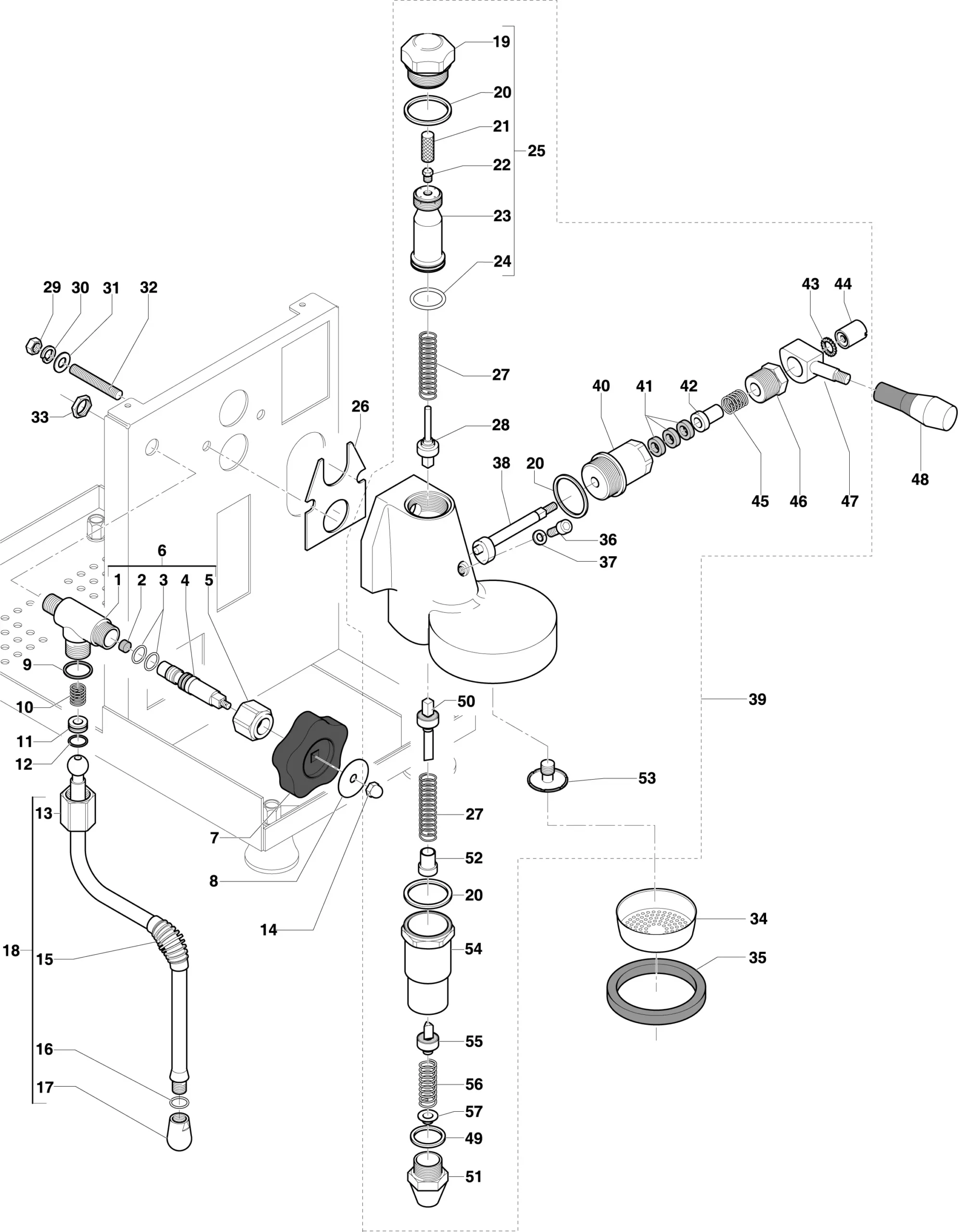 Exploded Parts Diagram of a mechanical device, such as the ECM Classika II, showing individual numbered components arranged around a central assembly, with lines indicating where each piece fits into the structure.