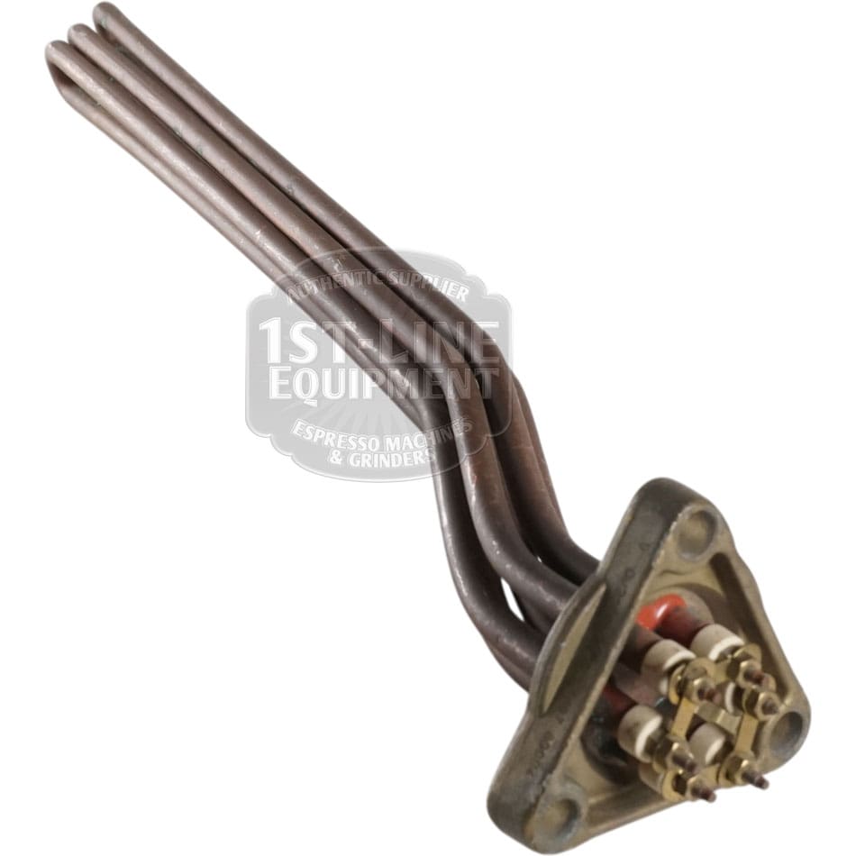 The Heating Element R93 220/380V 3900W for 3 Group Rancilio features three curved tubes and a triangular mounting plate with electrical connectors, making it ideal for espresso machines and similar appliances.