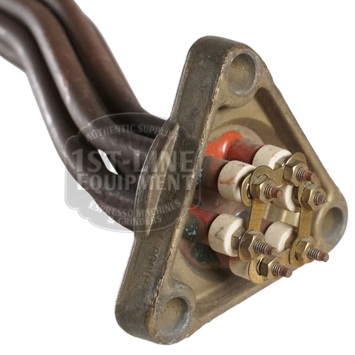 Close-up of metal flange and electrical terminals on Heating Element R93 220/380V 3900W for 3 Group Rancilio, showing three mounting holes and multiple attached wires.