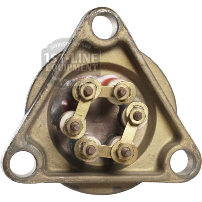 Close-up of the Heating Element R93 220/380V 3900W for 3 Group Rancilio, showing its metal construction with a triangular mounting plate and three screw terminals linked by brass strips.