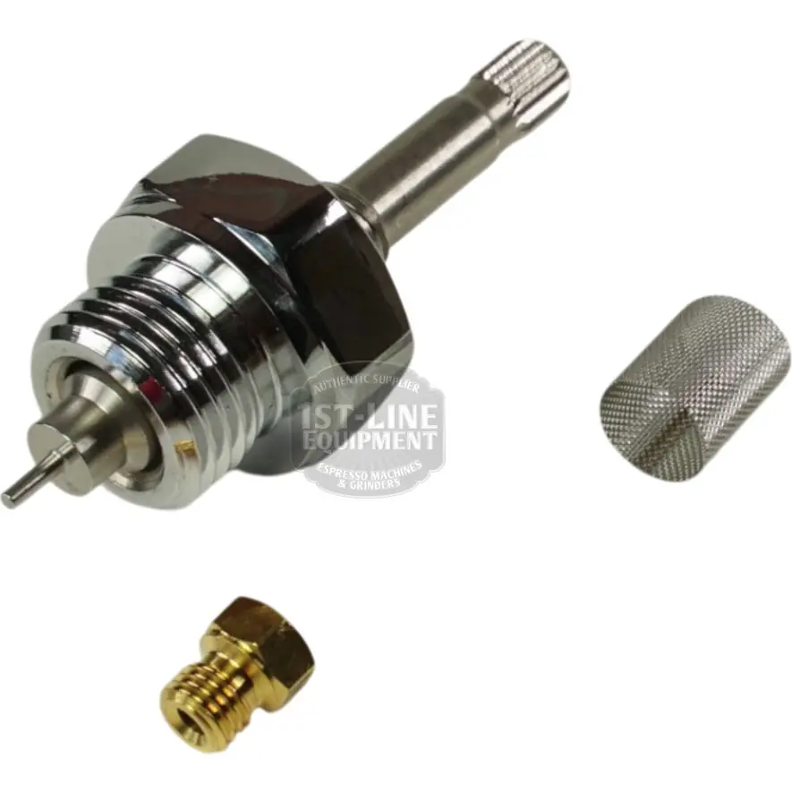 A chrome-plated espresso steam valve assembly with a threaded stem, a brass fitting, and a textured cylindrical metal cap, all shown on a white background. © 2025 1st-line.com