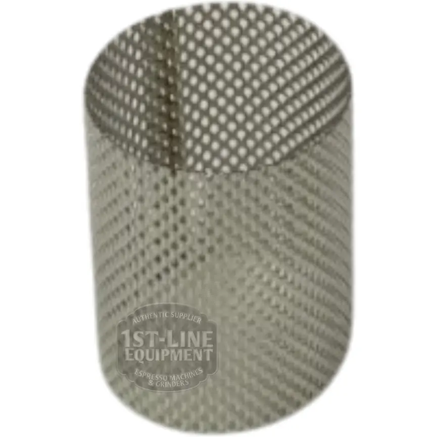A cylindrical metal mesh filter with evenly spaced perforations, standing upright against a white background. The image has a watermark reading 1st-Line Equipment. © 2025 1st-line.com